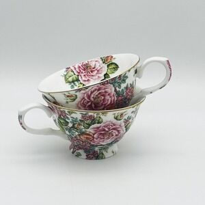 Edwardian Collection England Floral Chintz Tea Cup Pink Green Unused Set Of 2